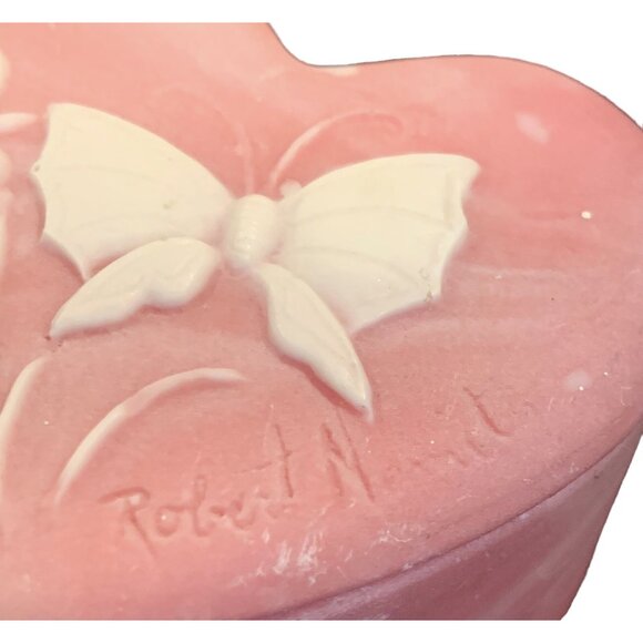 Vintage Robert Nemith Pink Soap Stone Incolay Butterfly Flowers Heart Box Signed - Picture 2 of 8
